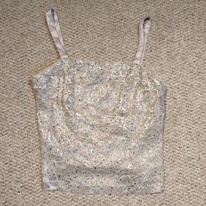 R&M Richards Sequin Lace Cami Tank Top Womens 10 Beige Floral Sparkle